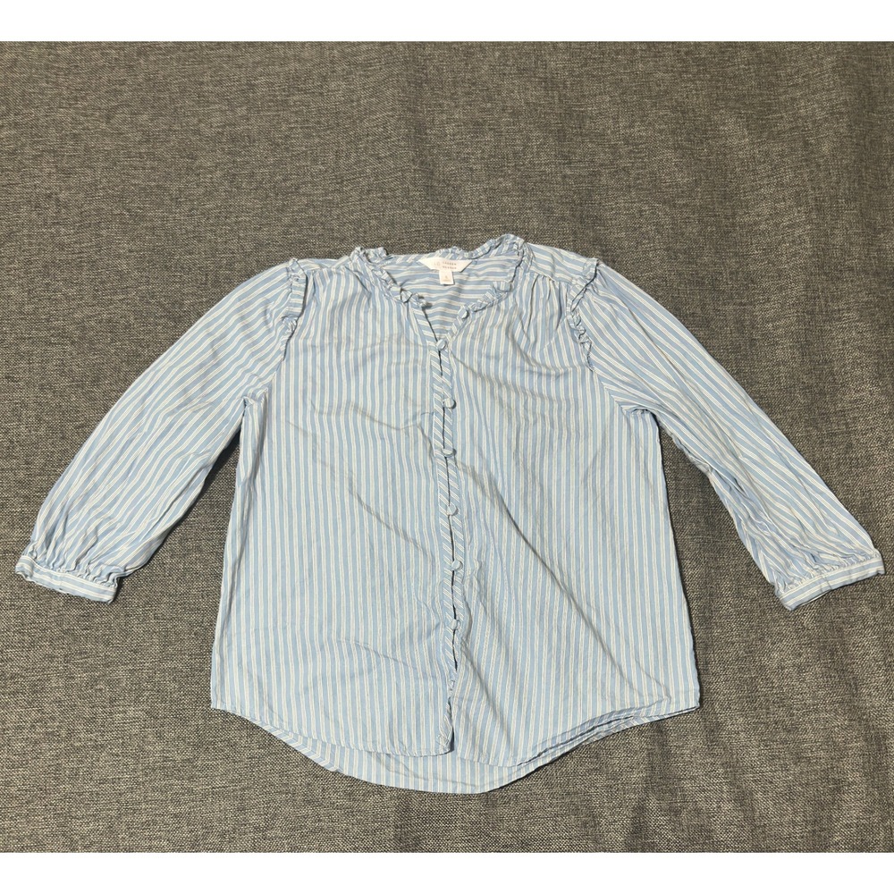 LC Lauren Conrad Women's Small Blouse Blue White Striped Ruffle Button Up Cotton